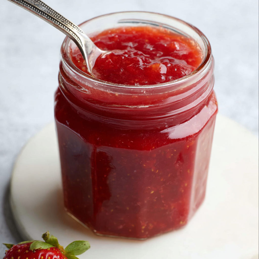 A jar of strawberry jam with a spoon in it.