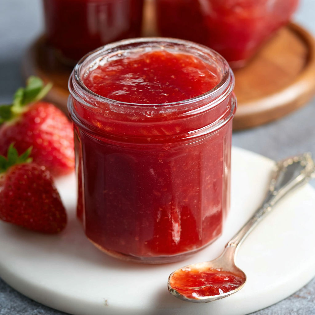 A jar of jam with a spoon in it.