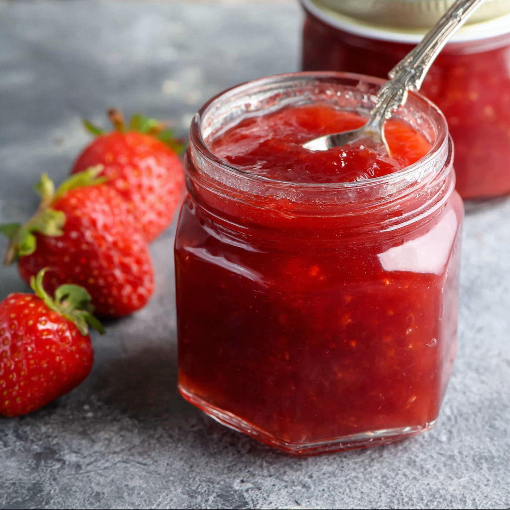 A jar of strawberry jam with a spoon in it.