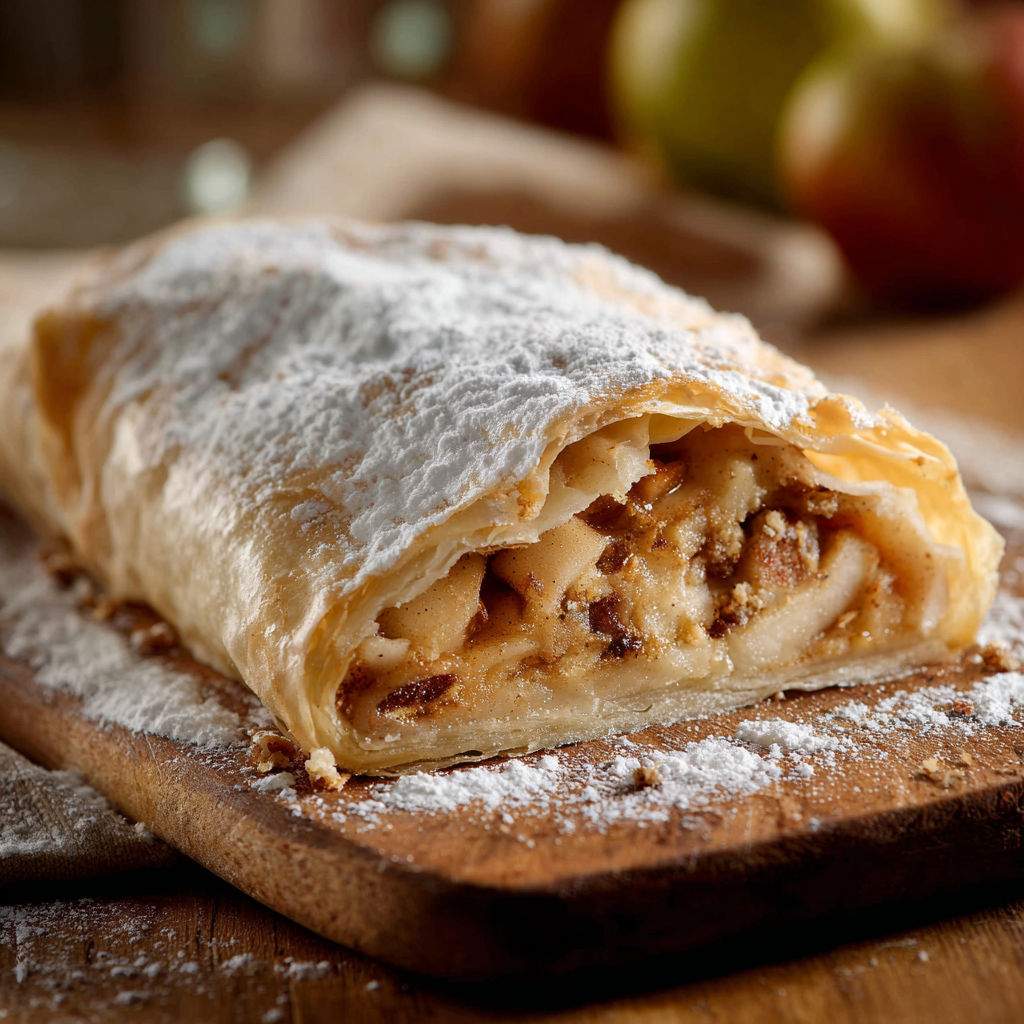 A pastry with a filling of apples and nuts.