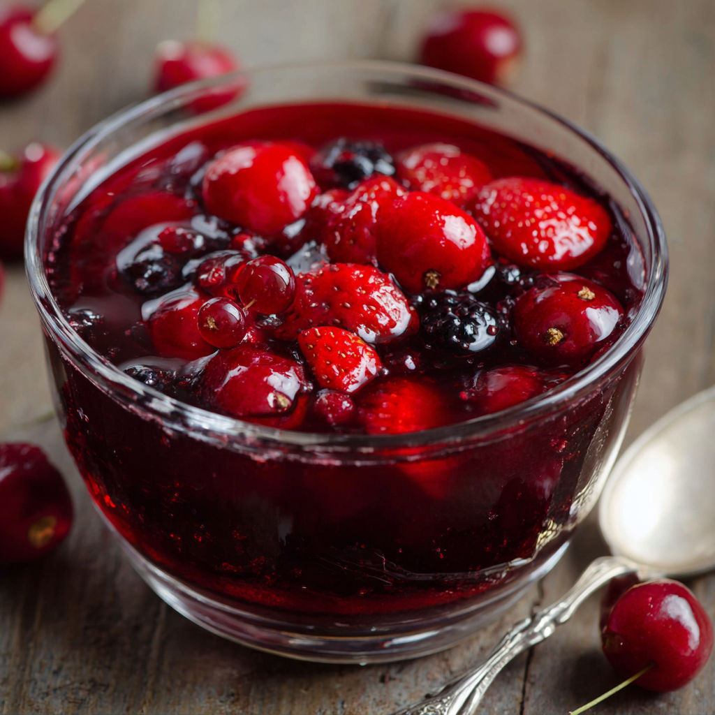 A bowl of Rote Grütze with berries.