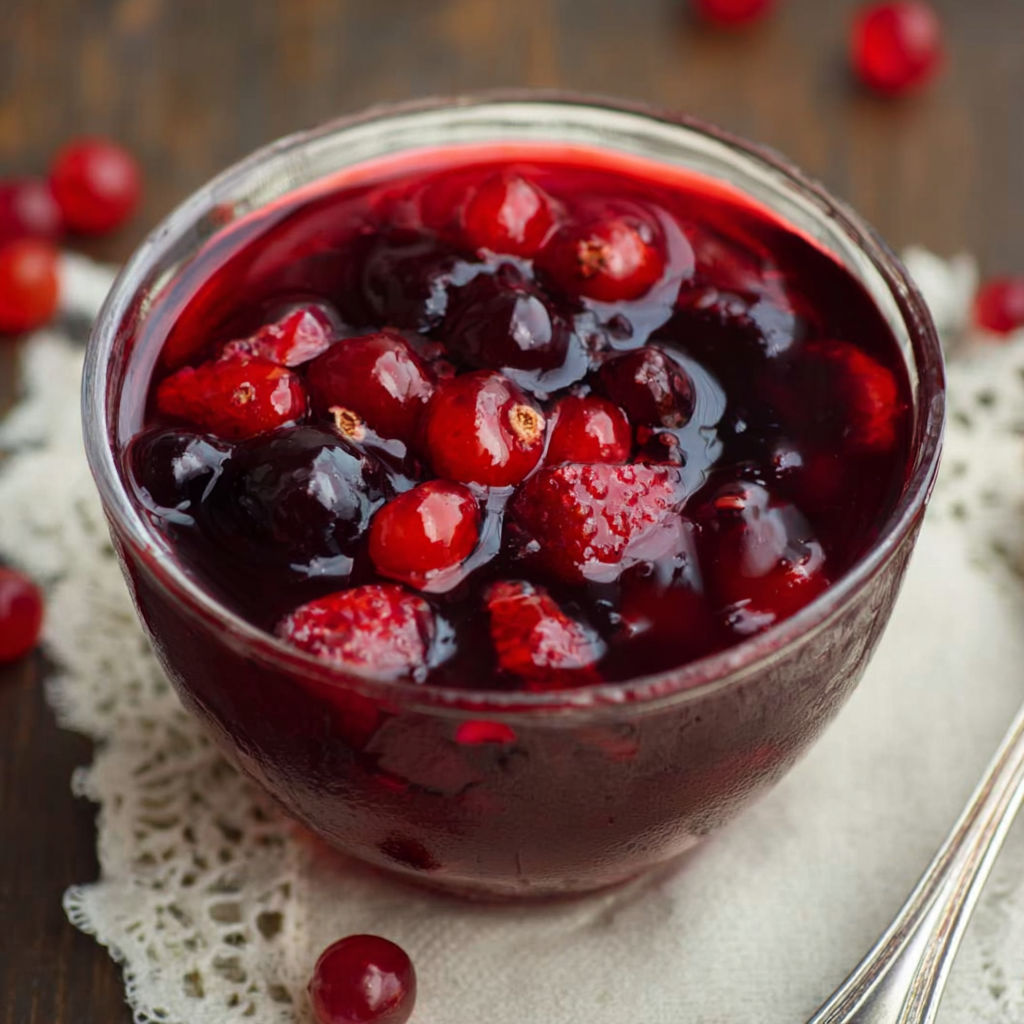 A bowl of Rote Grütze with berries and a spoon.
