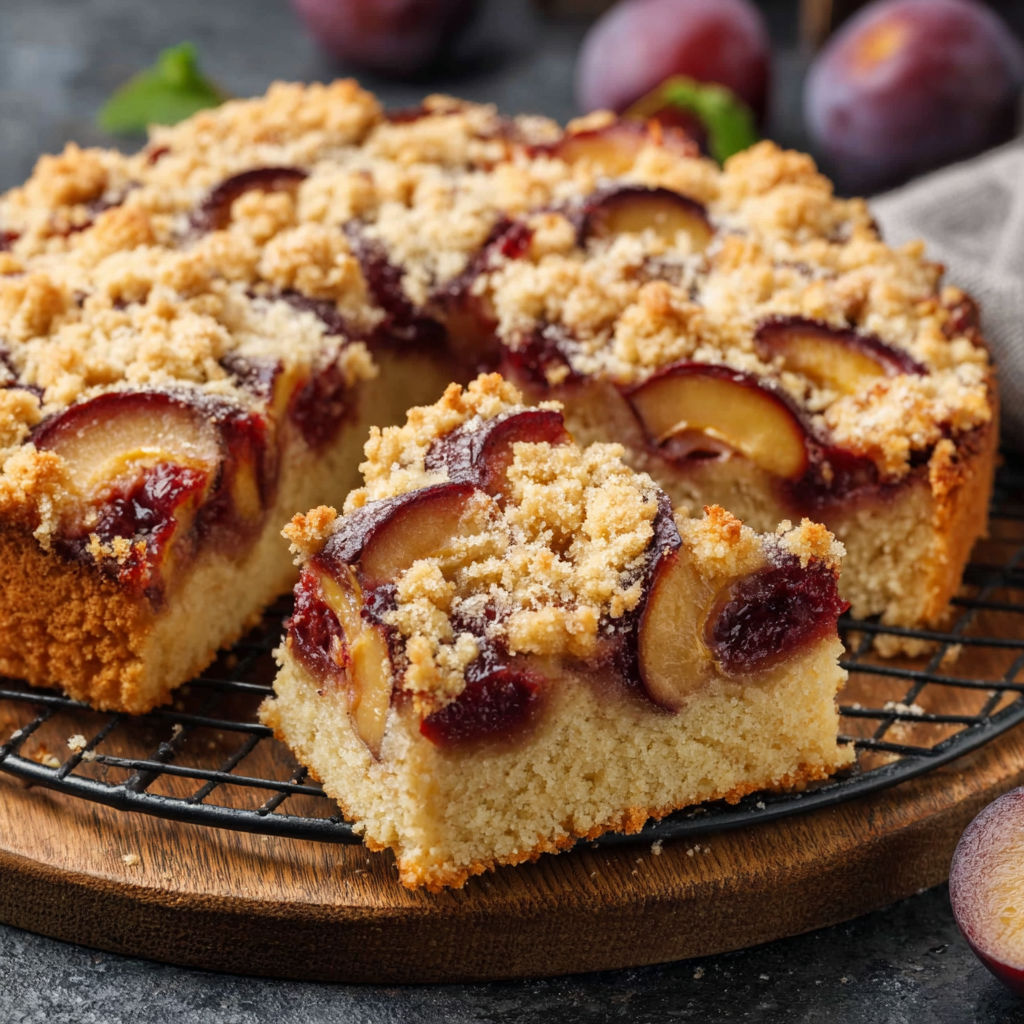 A slice of veganer zwetschgenkuchen on a plate.