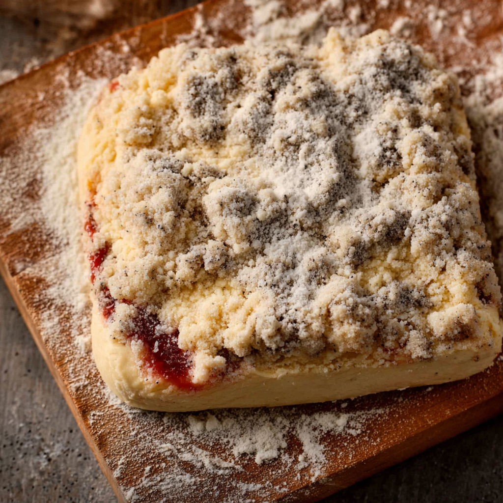 A cake with powdered sugar on top.