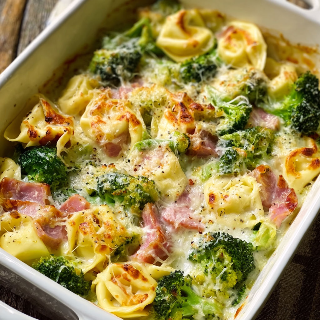 A dish of pasta with broccoli and ham.