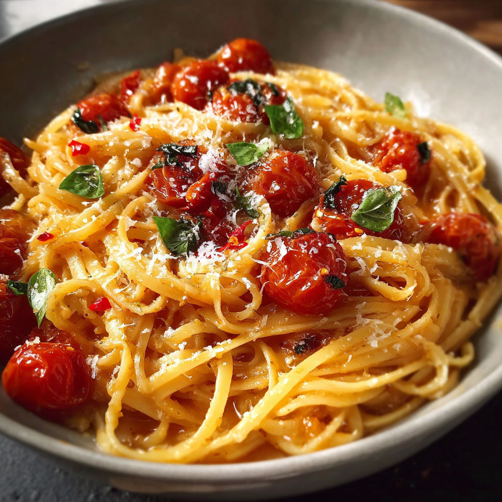 A bowl of pasta with tomatoes and basil.