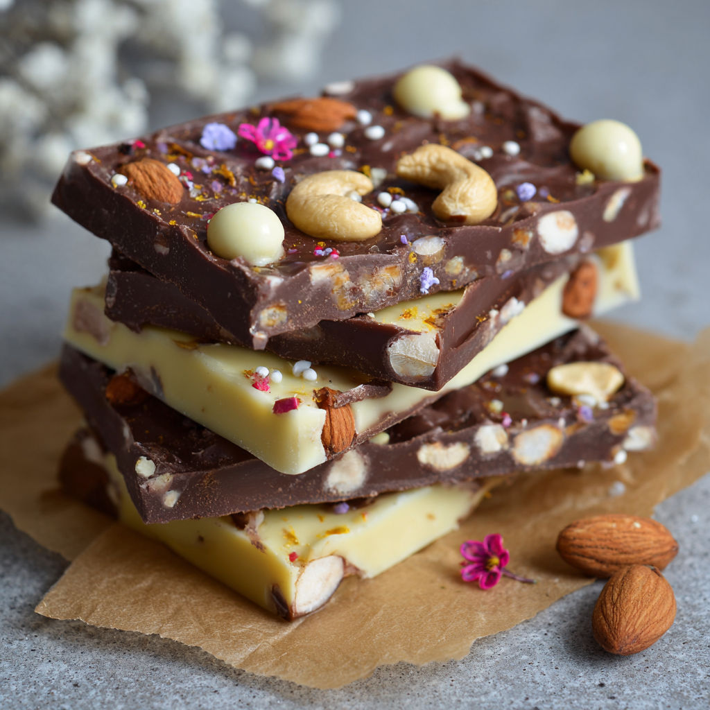 Three layers of chocolate with nuts and flowers on top.