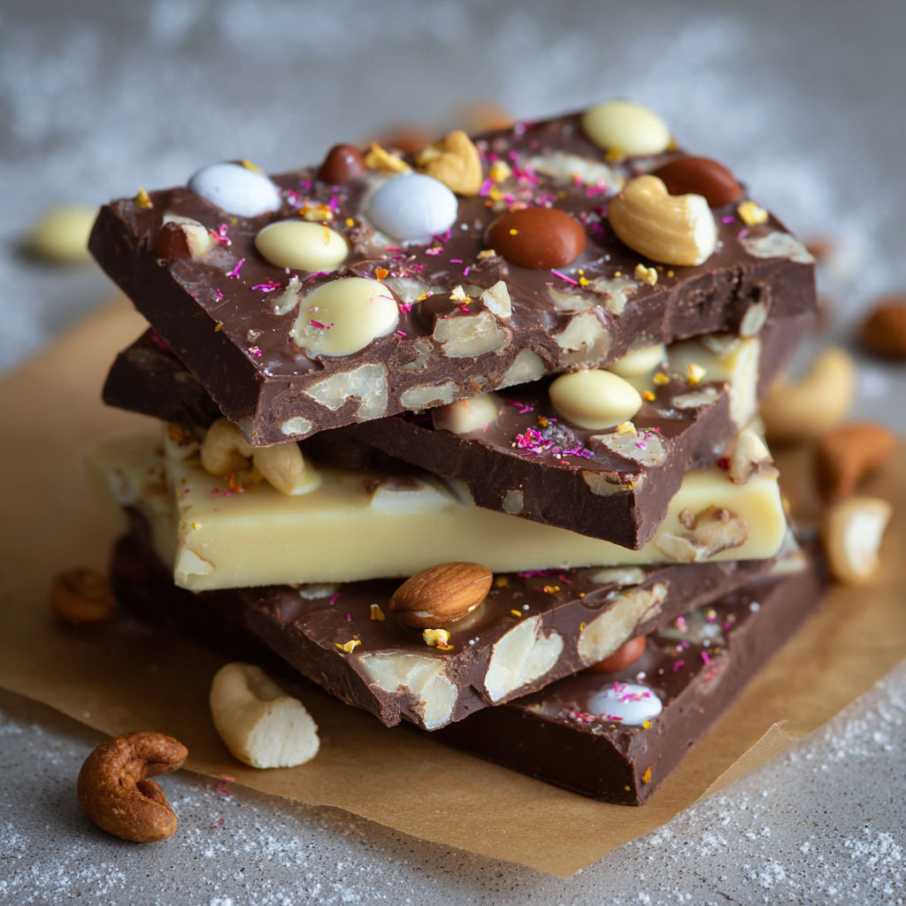 Three layers of chocolate with nuts and marshmallows.