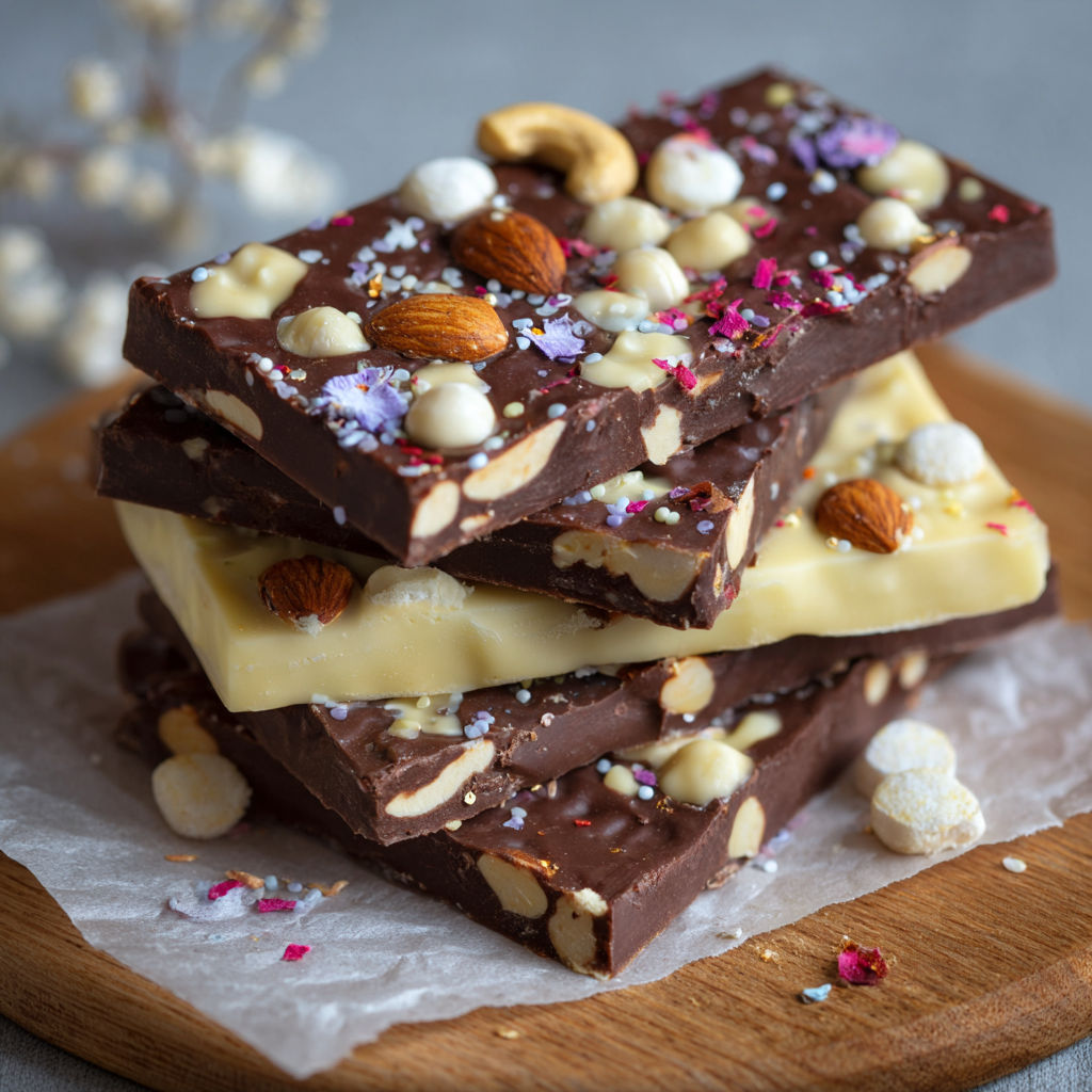 Three stacks of chocolate bars with nuts and marshmallows on top.