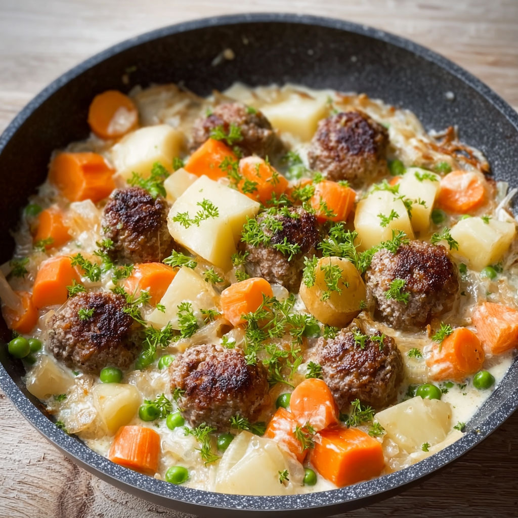 A bowl of food with meatballs and vegetables.
