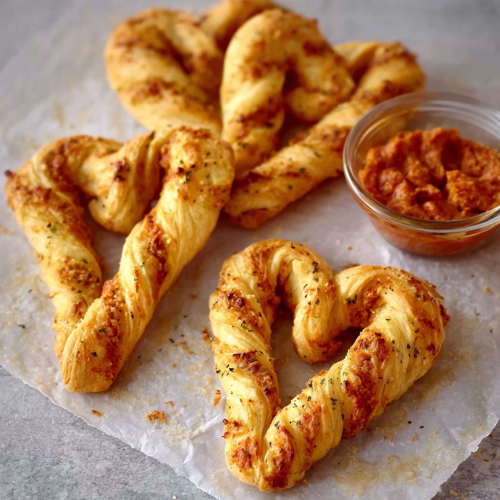 A bowl of sauce and a plate of breadsticks.