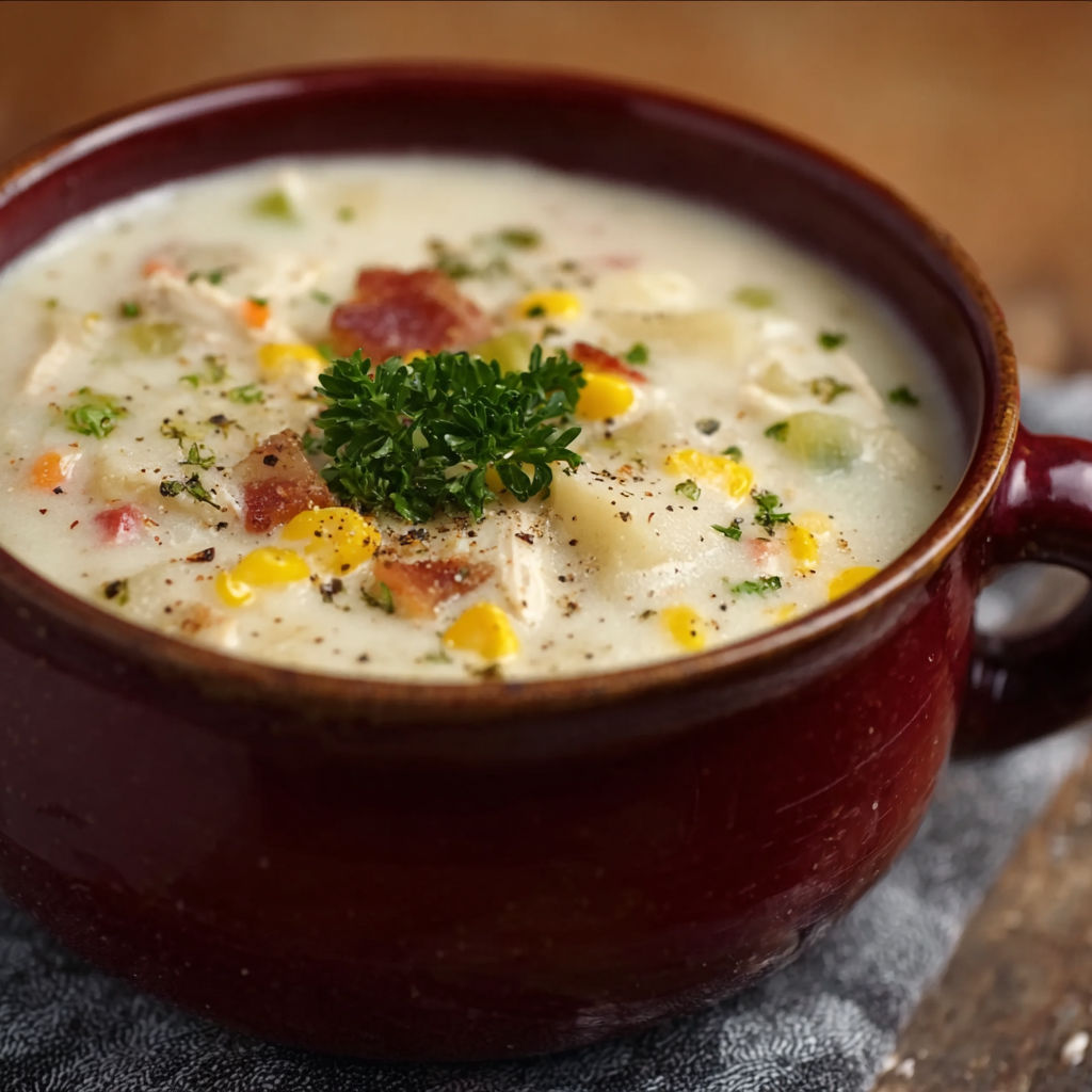 A bowl of soup with a green garnish.