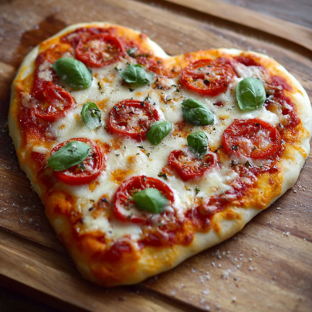 A heart shaped pizza with tomatoes and basil.