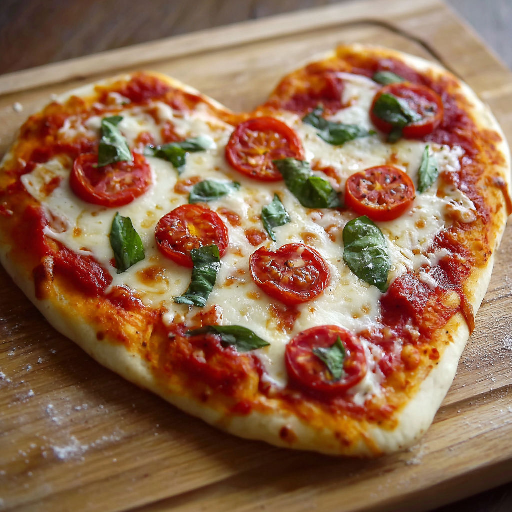 A pizza with tomatoes and basil on a wooden board.