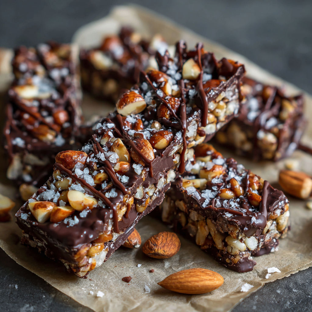 A close up of a chocolate bar with nuts and salt.