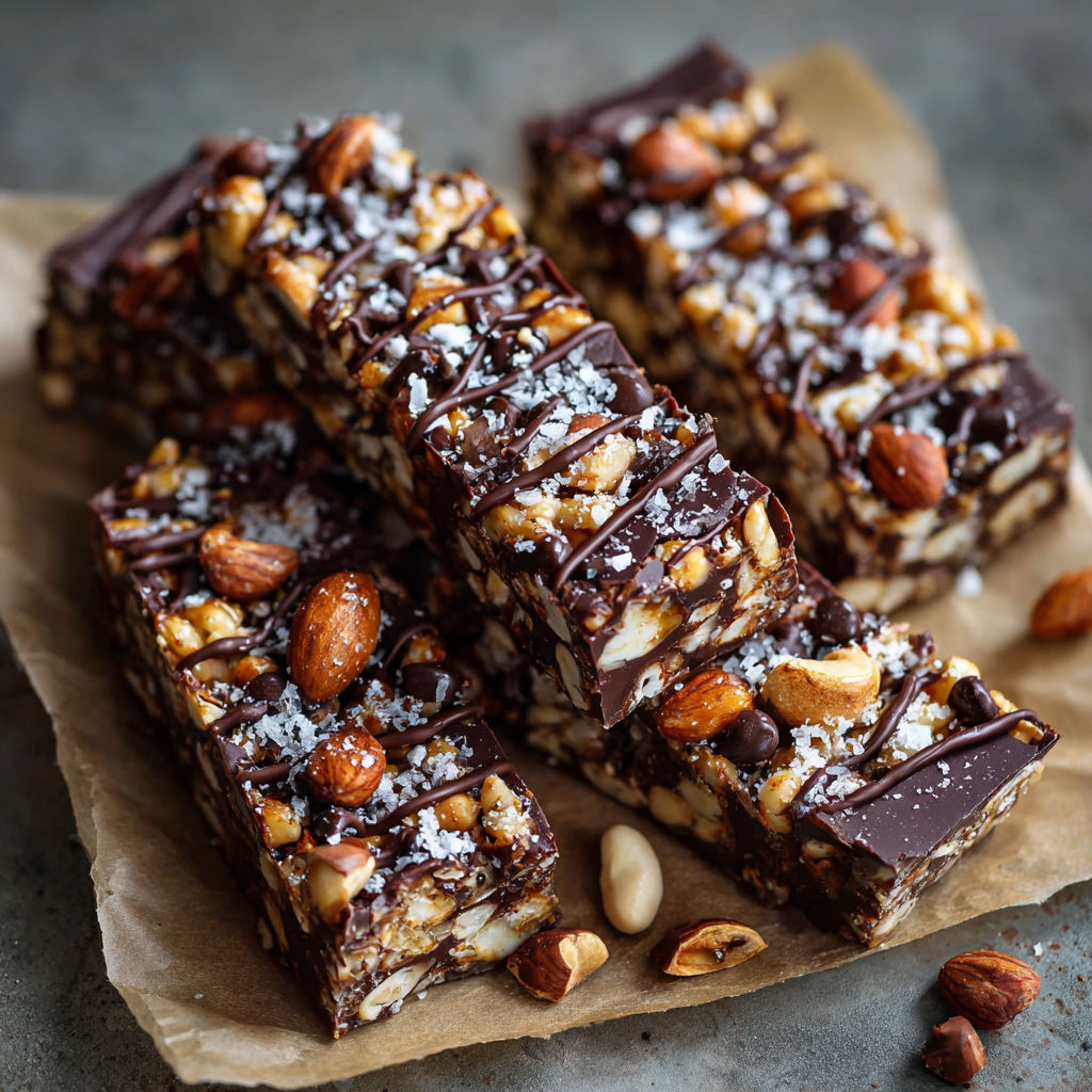 A close up of a chocolate bar with nuts and salt.