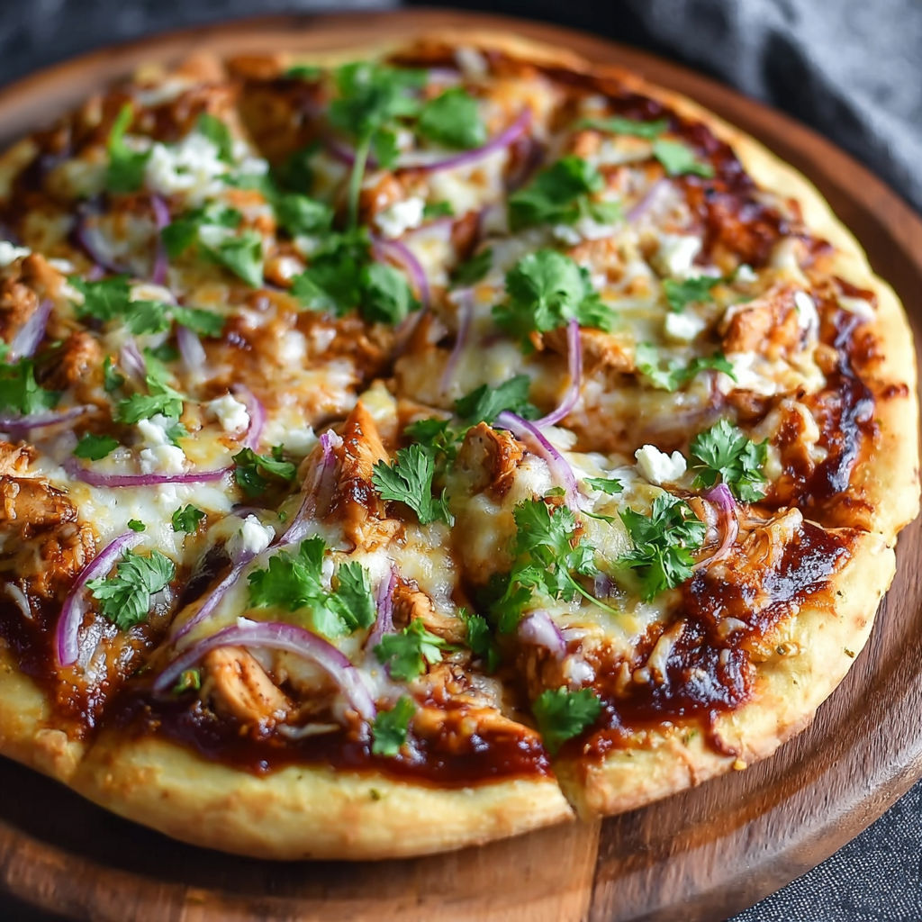 A BBQ chicken pizza with cheese on a wooden board.