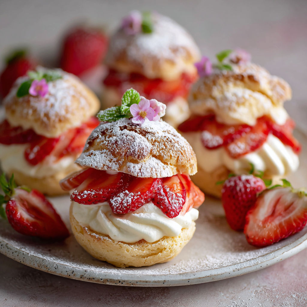 A plate of strawberry shortcake with powdered sugar.
