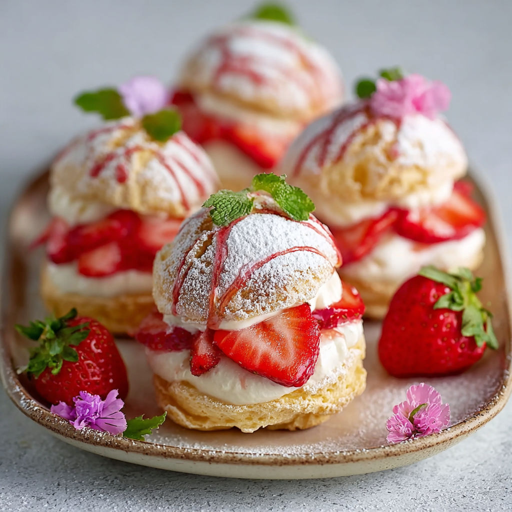 A plate of strawberry and whipped cream filled pastries.