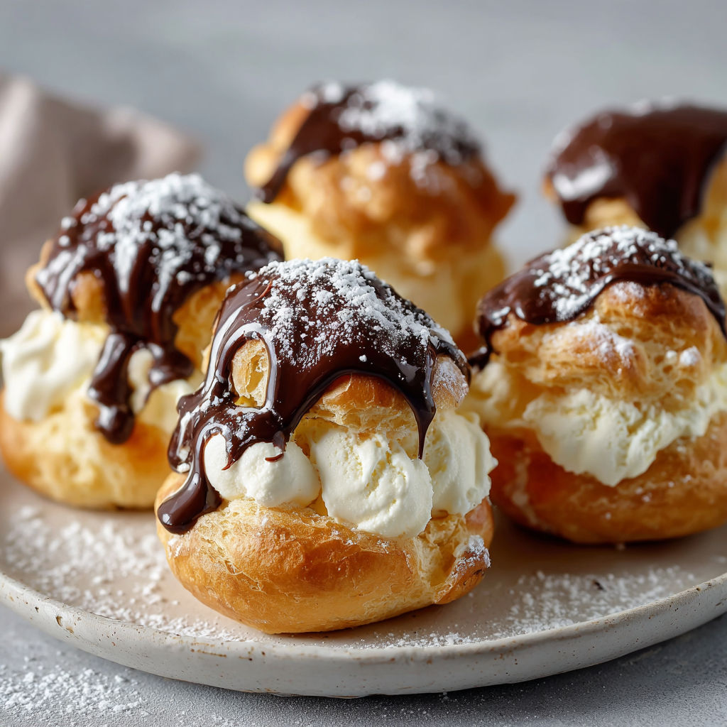 Chocolate covered Profiteroles on a plate.