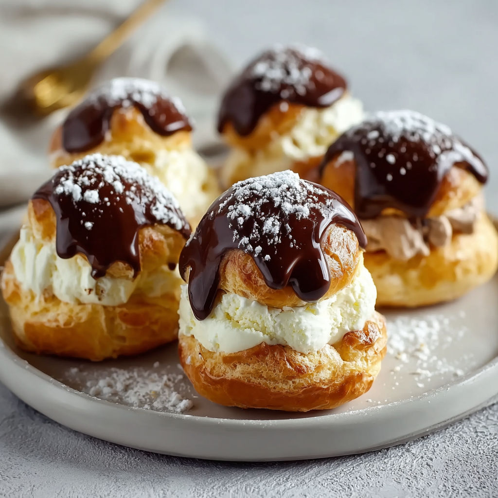 A plate of chocolate covered cream puffs.