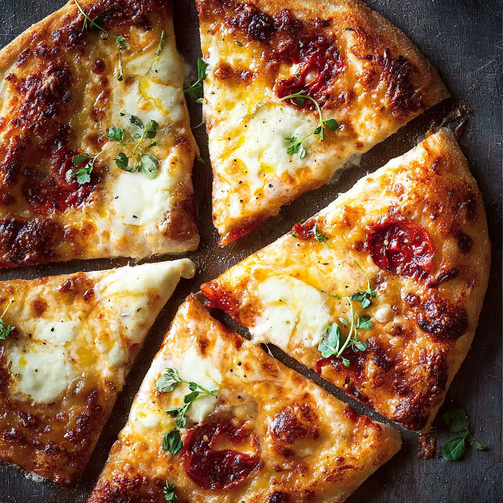 A slice of pizza Quattro Formaggi.