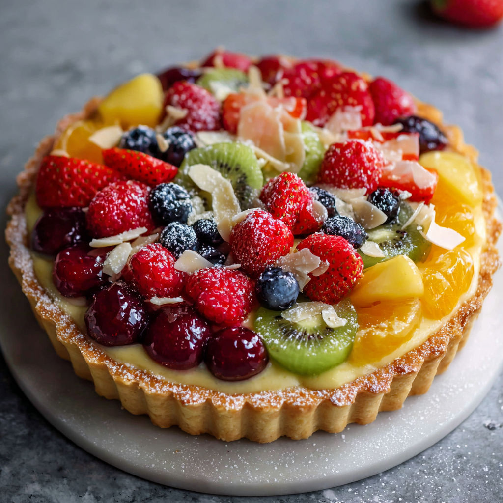 A fruit pie with a variety of fruits.