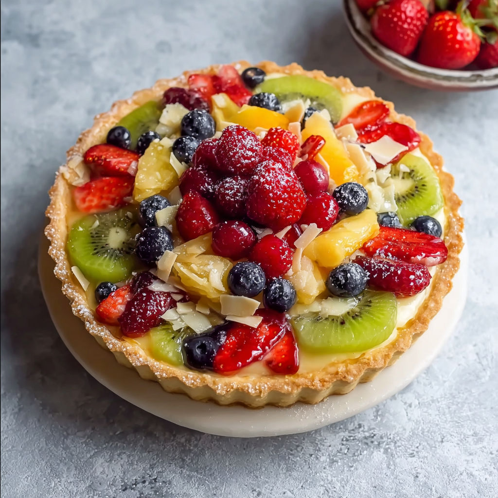 A fruit tart with a variety of fruits.