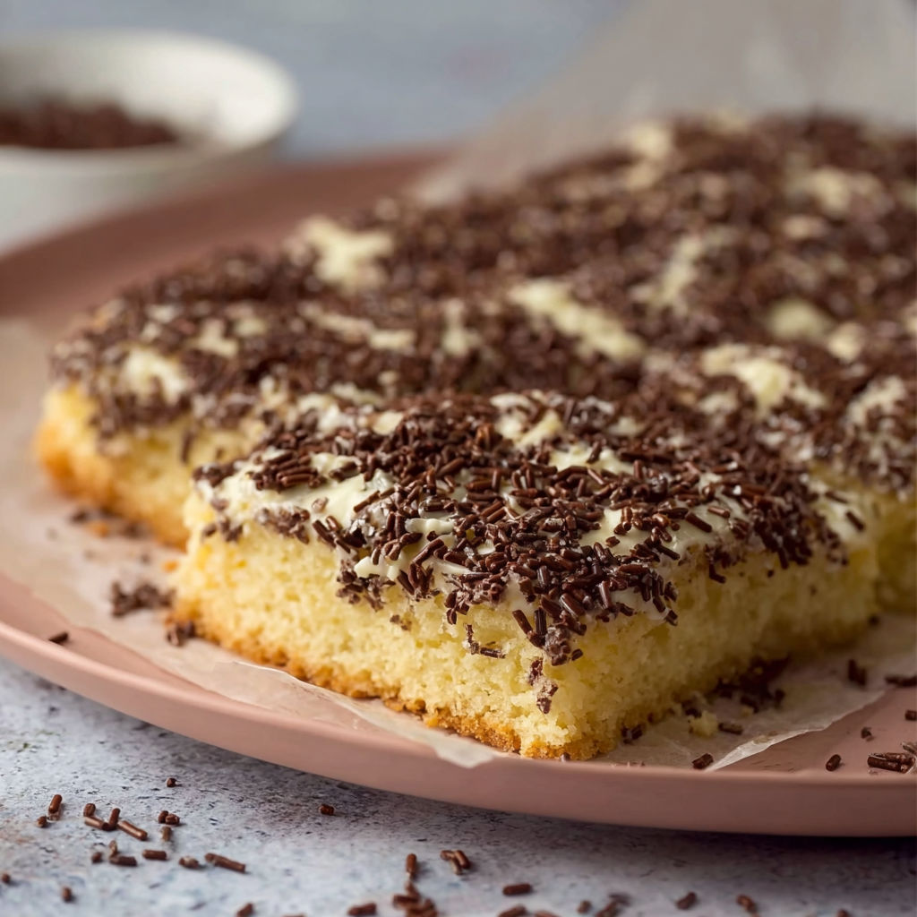 A slice of cake with chocolate sprinkles.