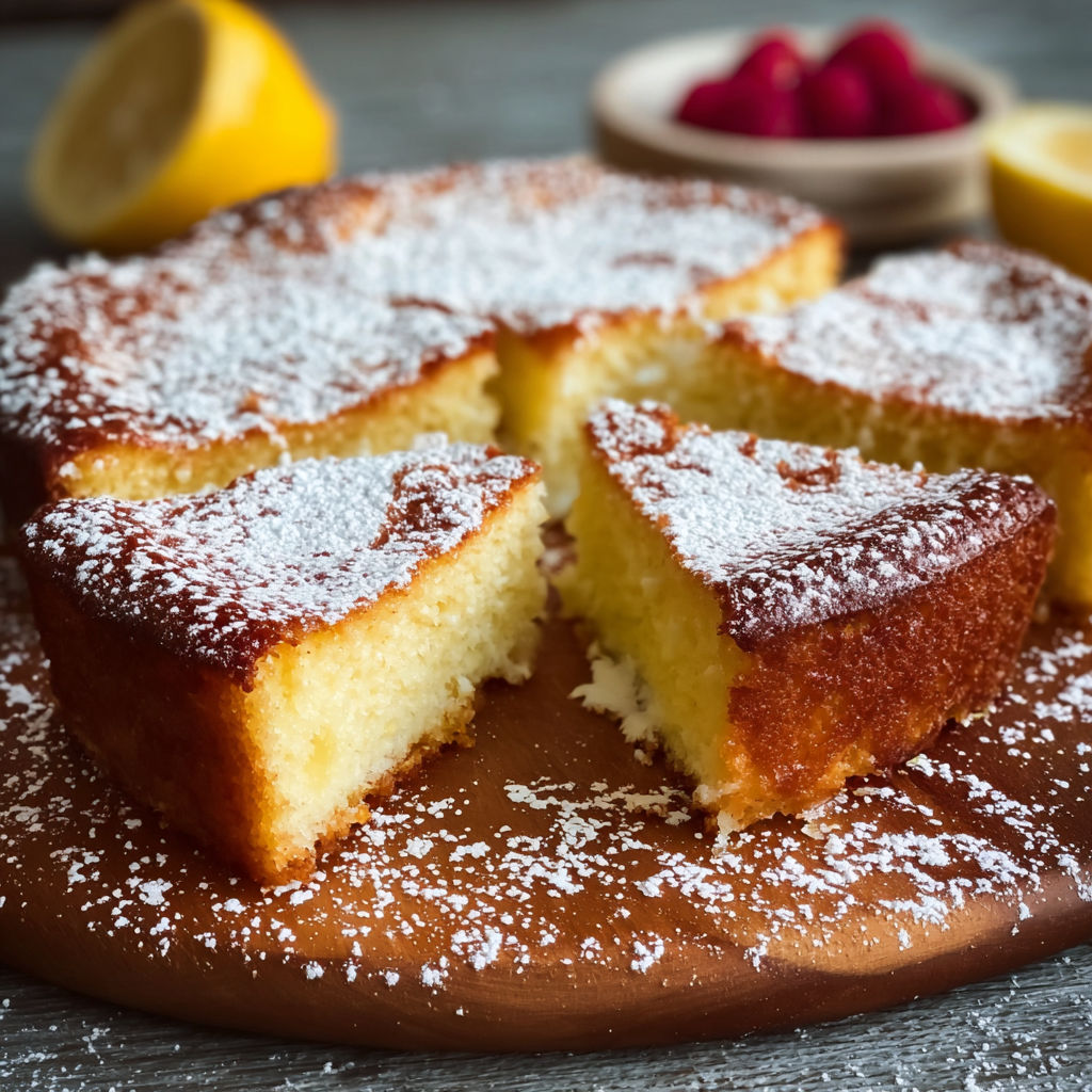 A slice of cake with powdered sugar on it.
