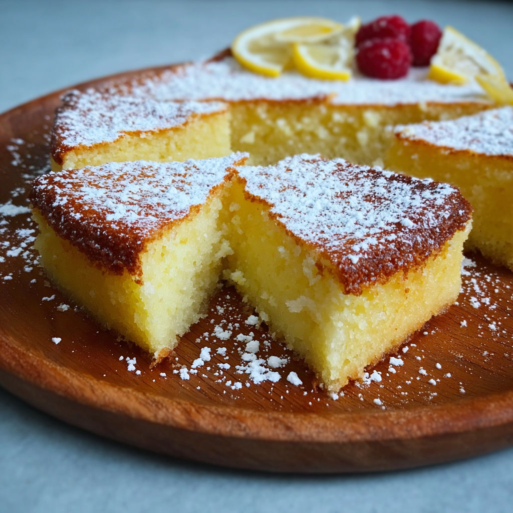 A slice of cake with powdered sugar on top.