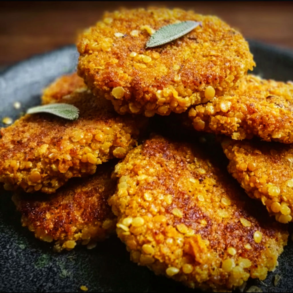 A plate of breaded meat with a sprig of parsley on top.