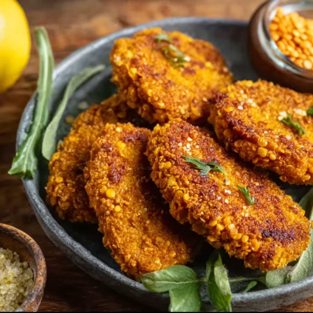 A bowl of breaded meat with a lemon wedge on the side.
