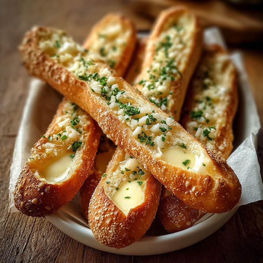 A plate of breadsticks with cheese on them.