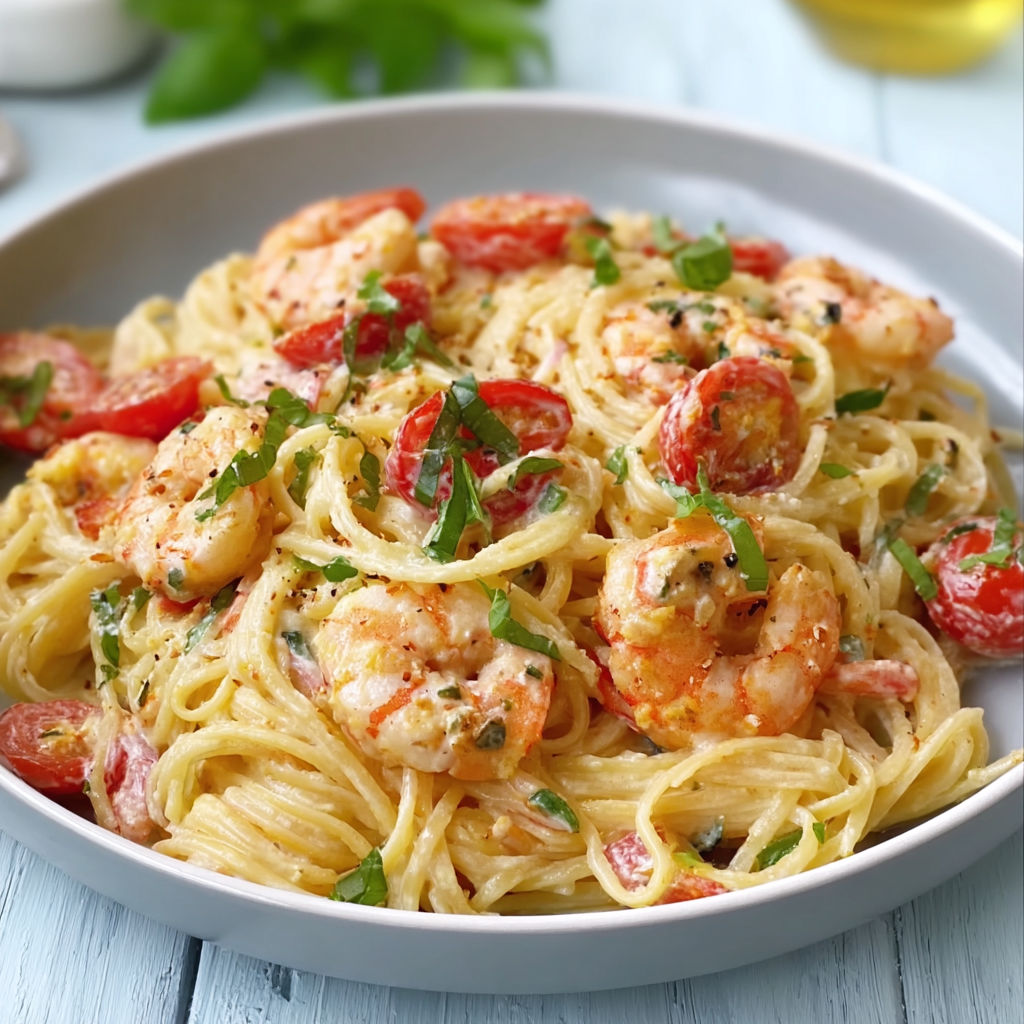 A bowl of spaghetti with shrimp and herbs.