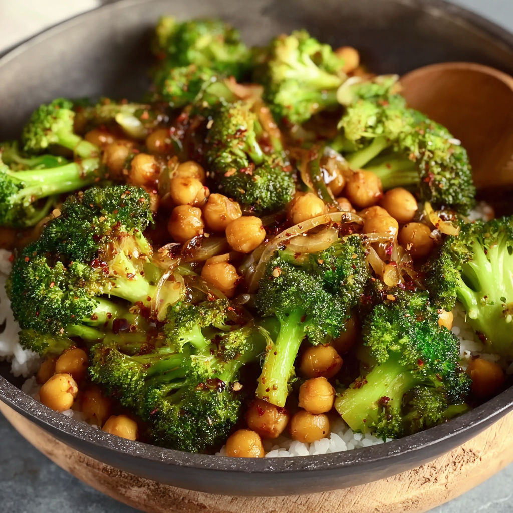 A bowl of food with broccoli and chickpeas.