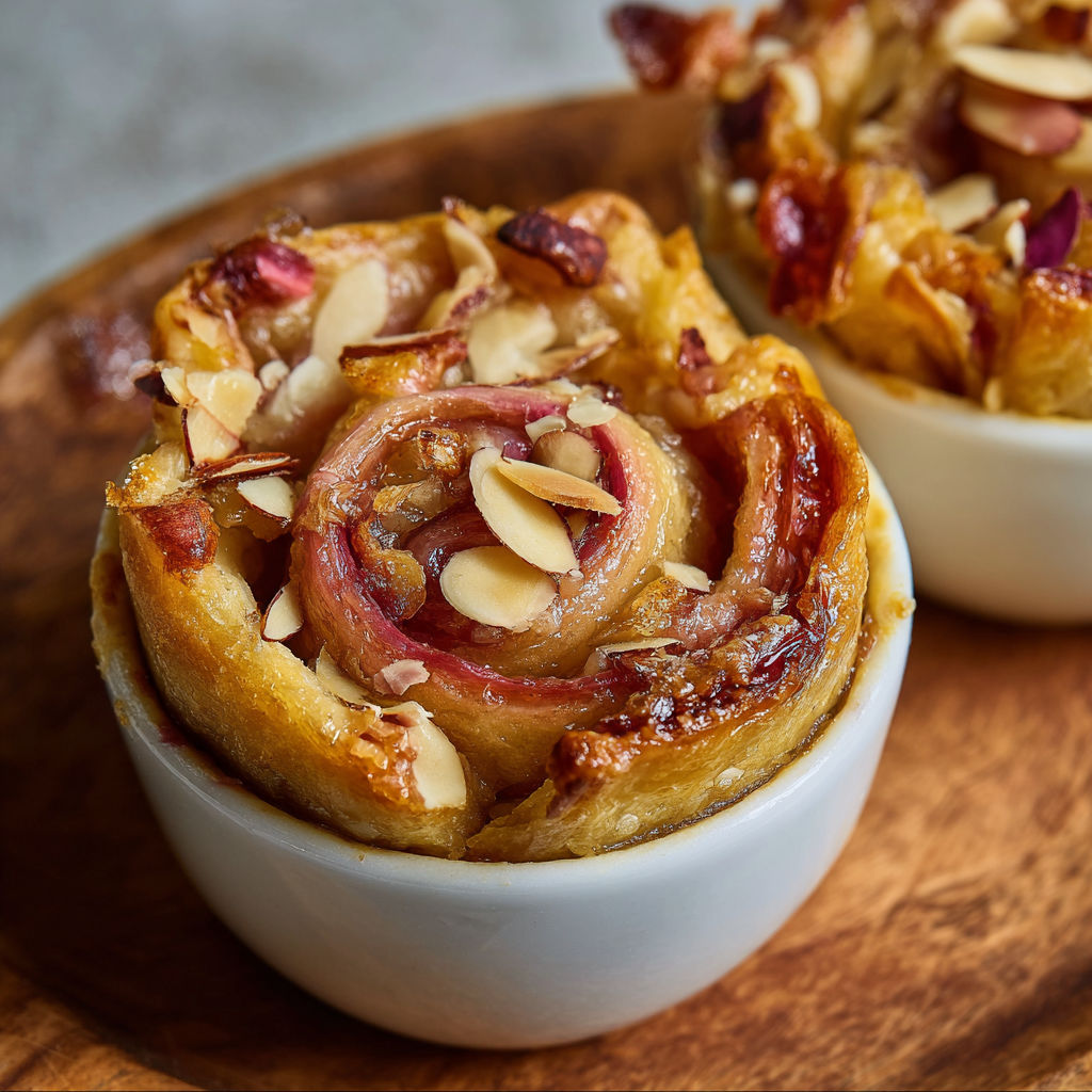 A pastry with almonds and bacon.