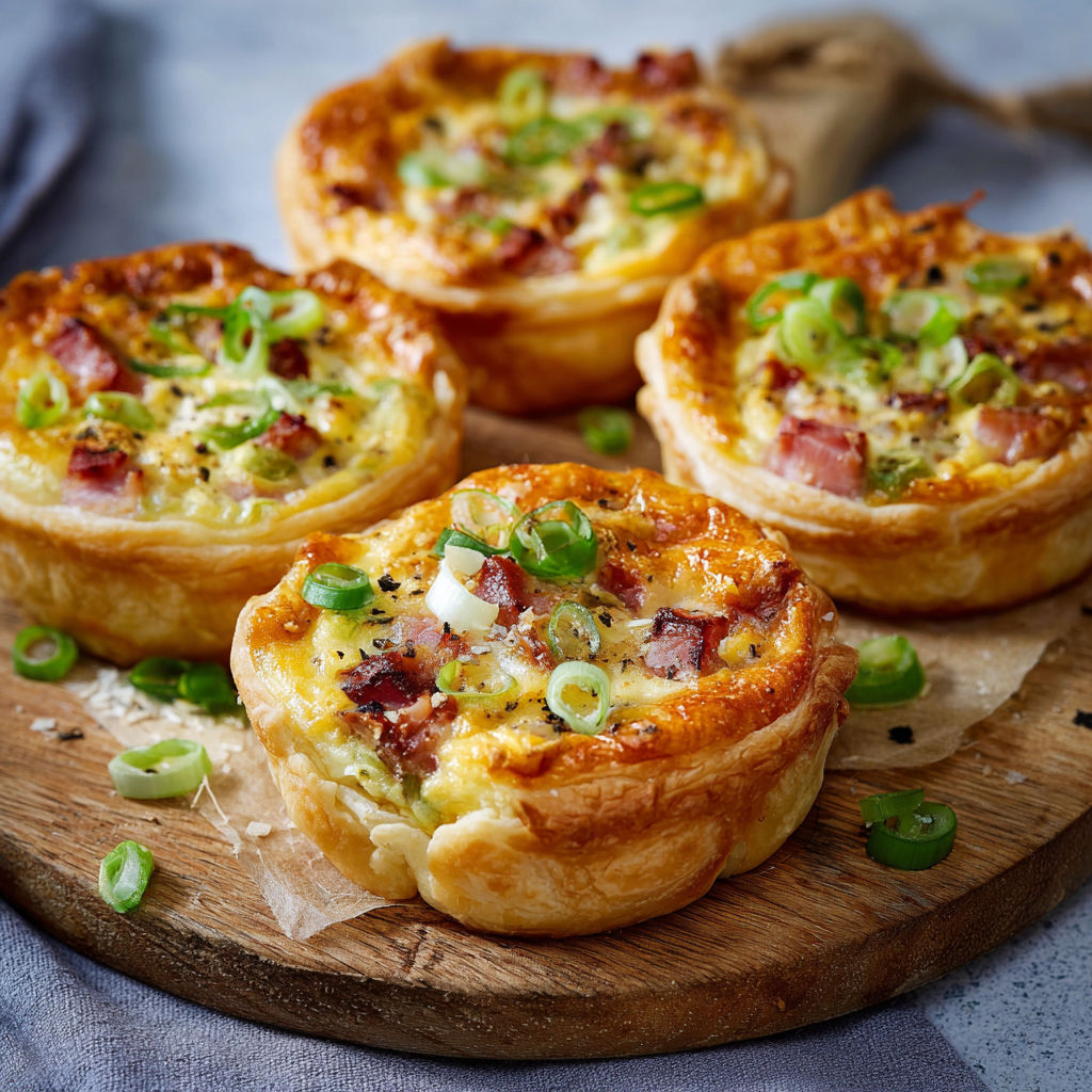 Four quiches on a wooden board.