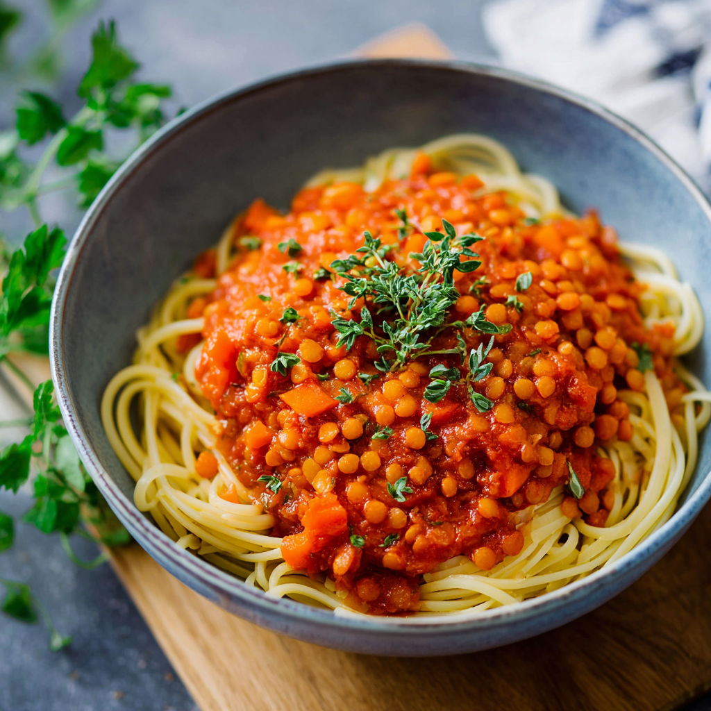 A bowl of pasta with red lentils.