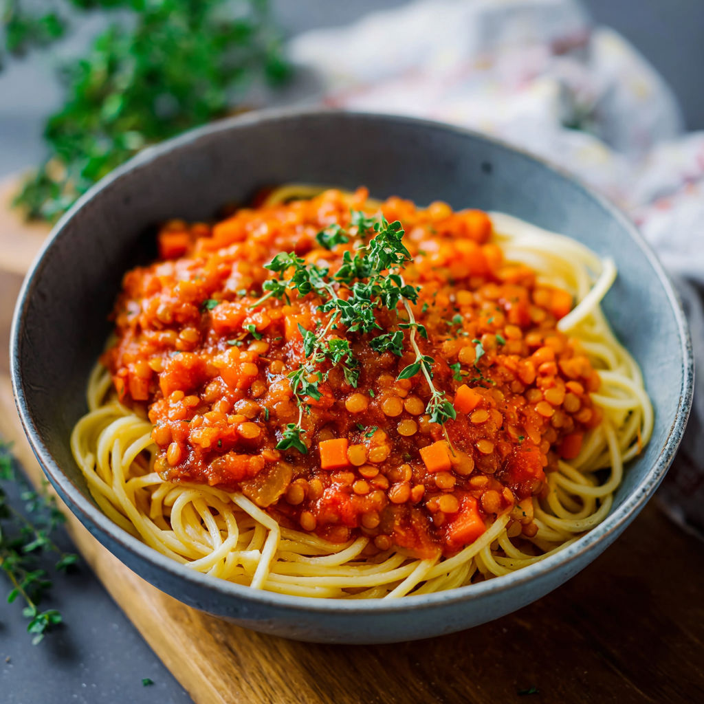 A bowl of red lentils with spaghetti.