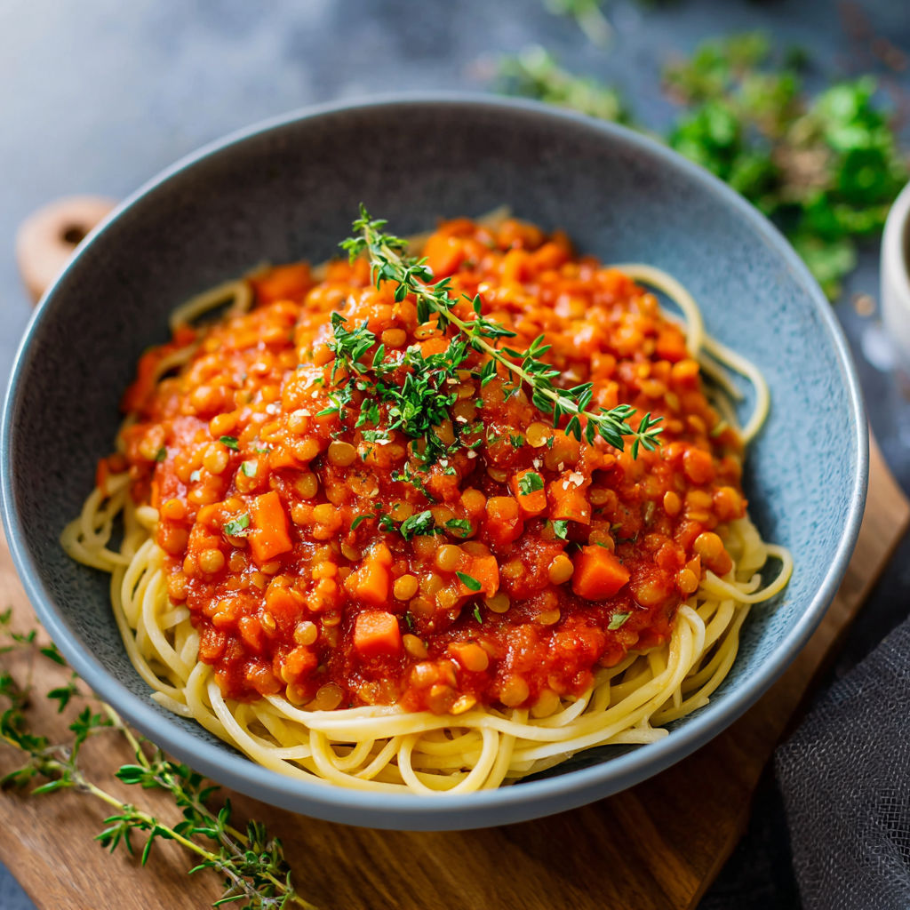 A bowl of red lentils with herbs on top.