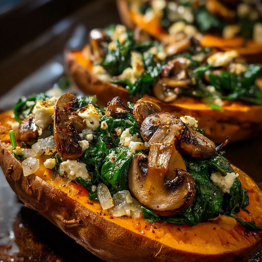 A dish of mushrooms and spinach on a baked sweet potato.