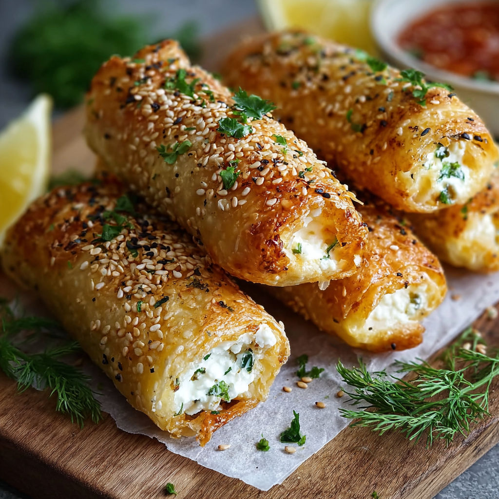 A plate of knusprige ofen feta röllchen.