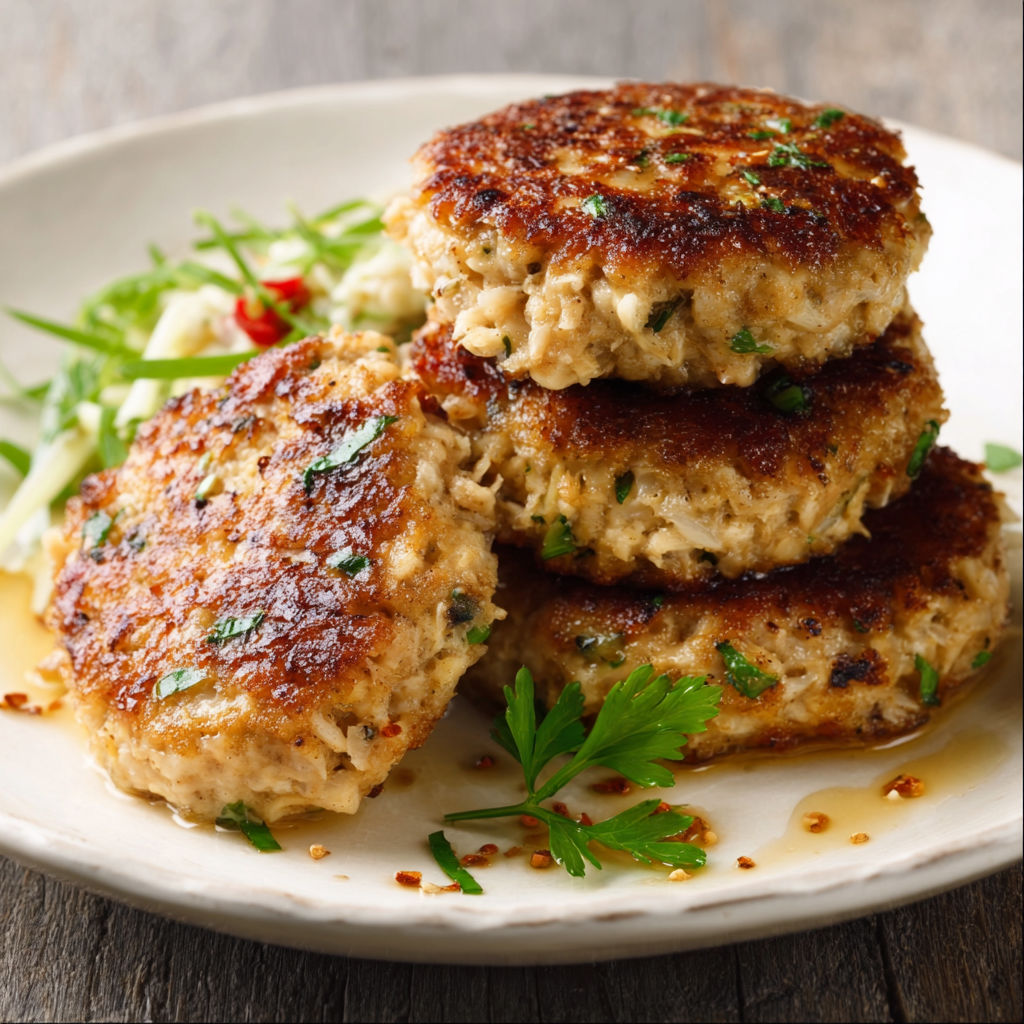 A plate of meat patties with sauce on top.