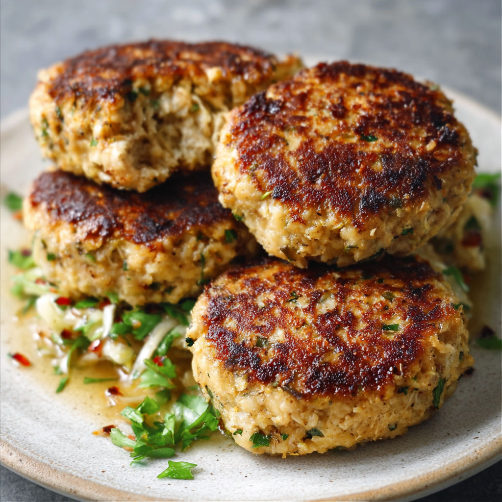 A plate of meat patties with a green garnish.