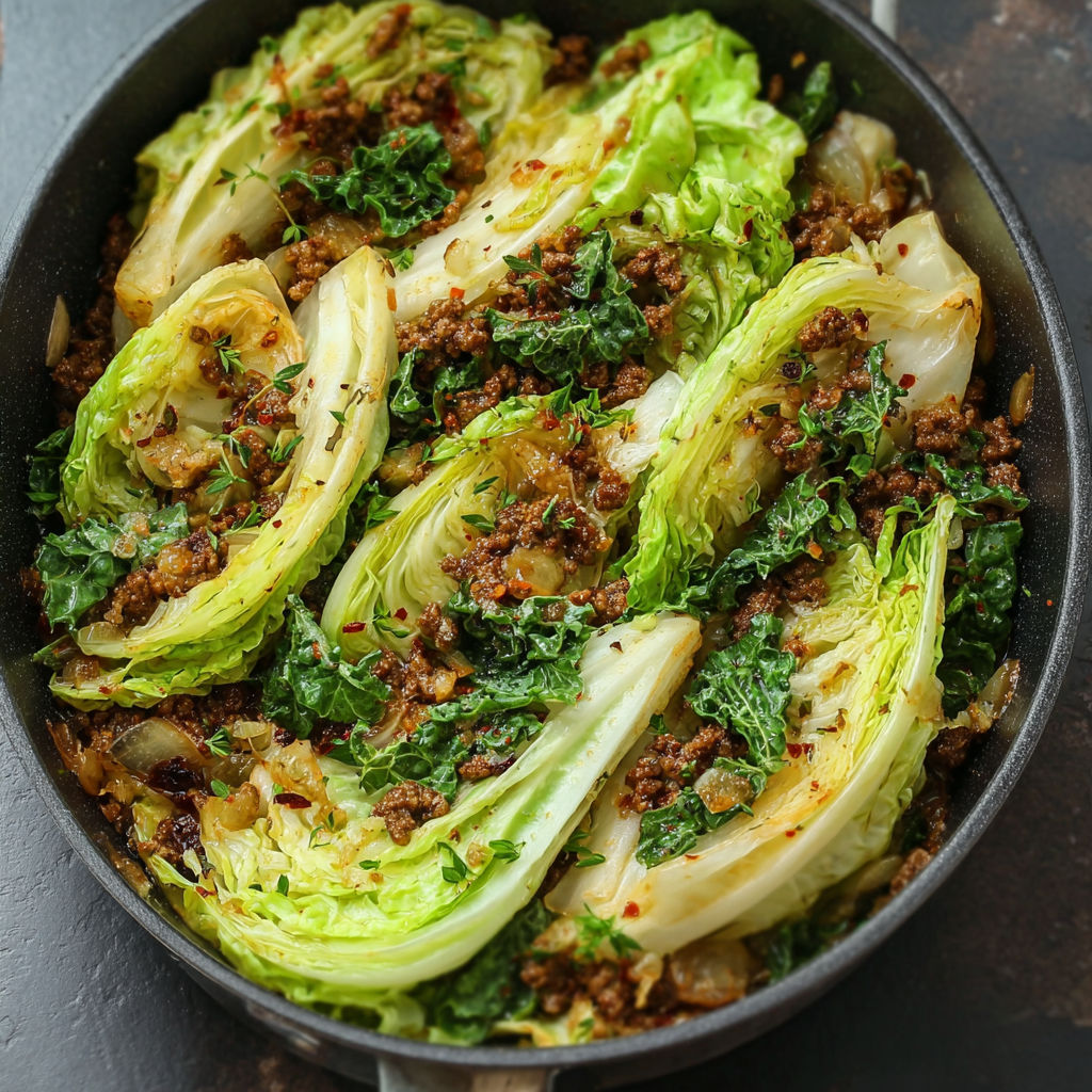 A pan of food with greens and meat.