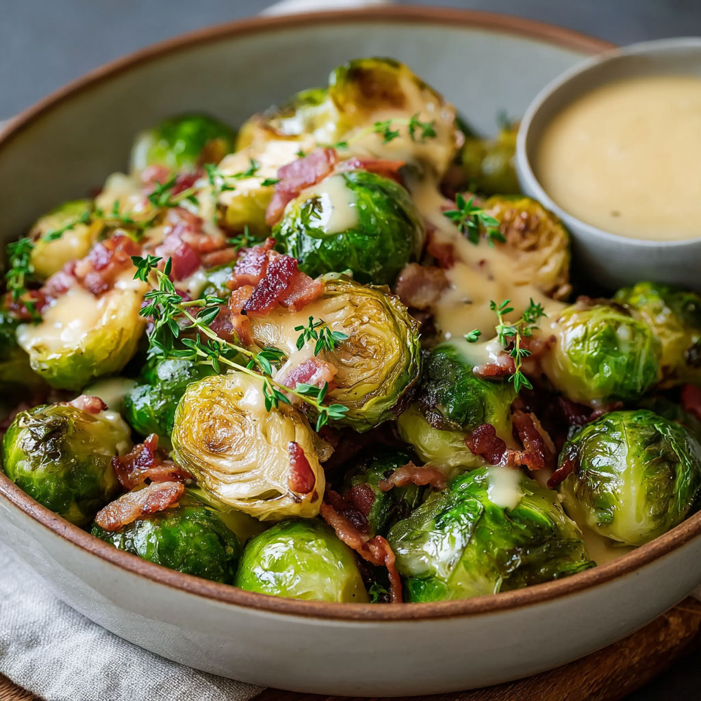 A bowl of cooked brussels sprouts with bacon and a creamy sauce.