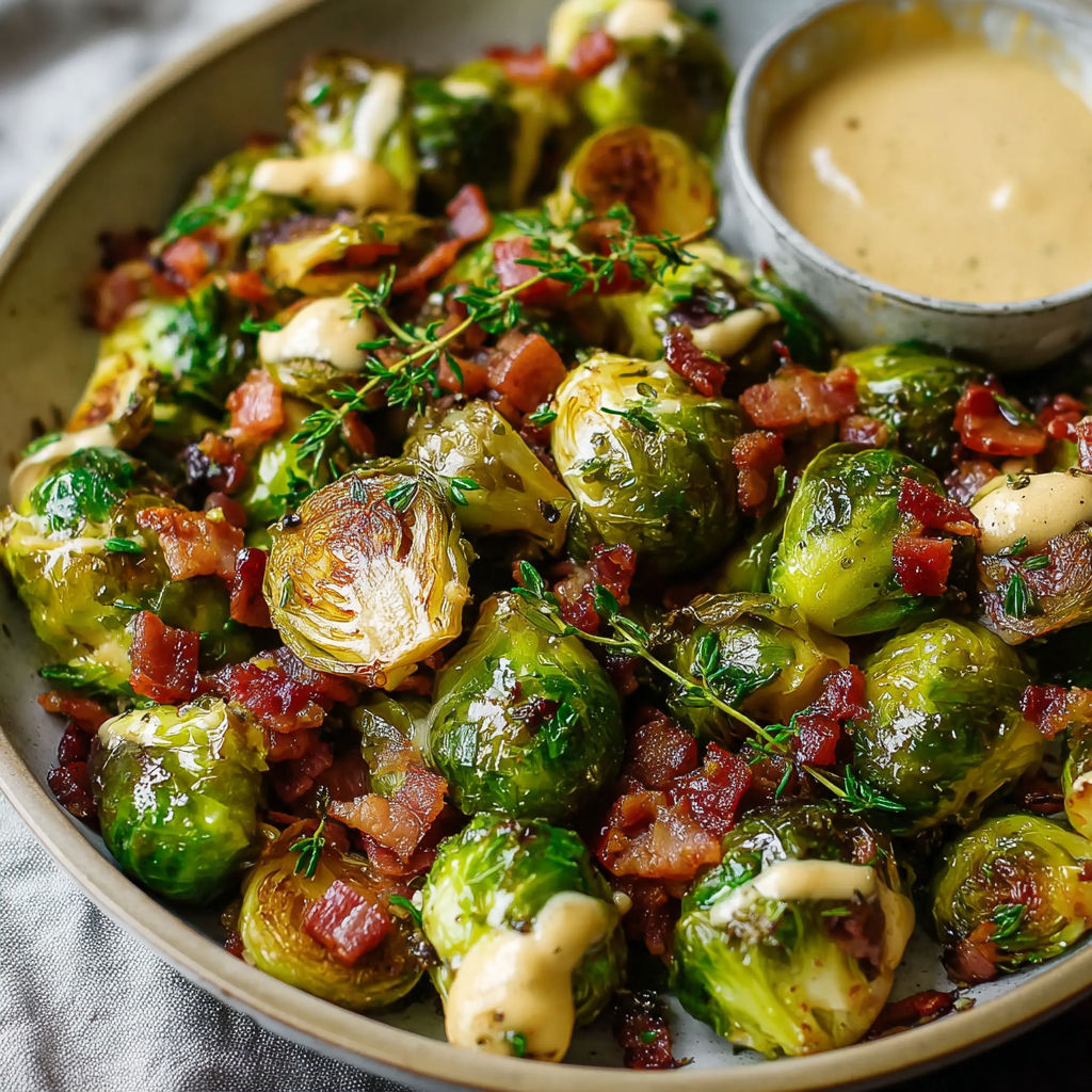 A bowl of bacon and brussels sprouts with a dipping sauce.