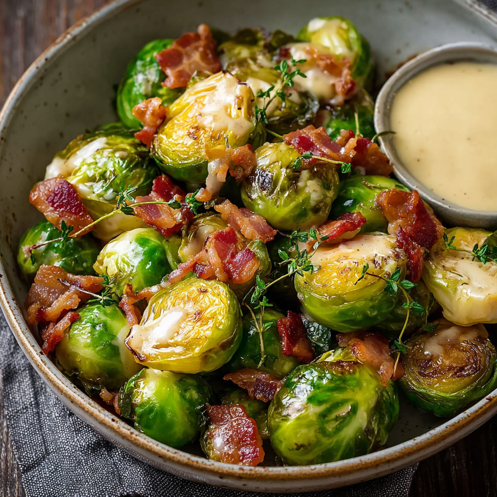 A bowl of bacon and brussels sprouts.