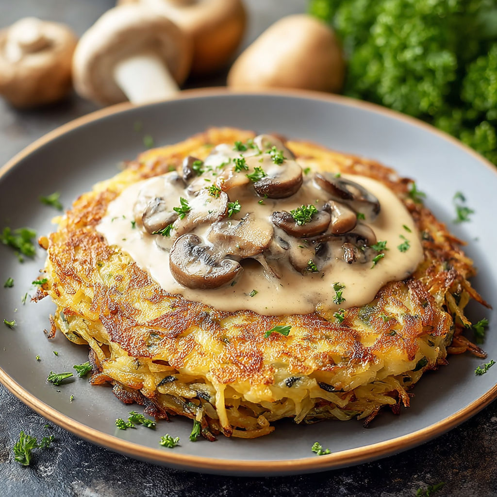 A plate of food with mushrooms and potatoes.